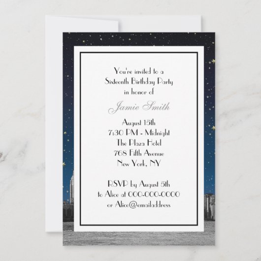 エッチングNYCスカイライン#3星空ブルーサンセット甘い16 V 招待状 (裏面)