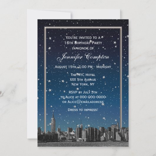 エッチングNYCスカイライン#3V2スターリーブルーサンセットスウィート16 招待状 (裏面)