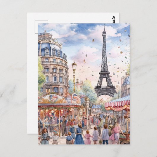 エッフェタワーアートと美しいパリ通りシーン ポストカード (正面/裏面)