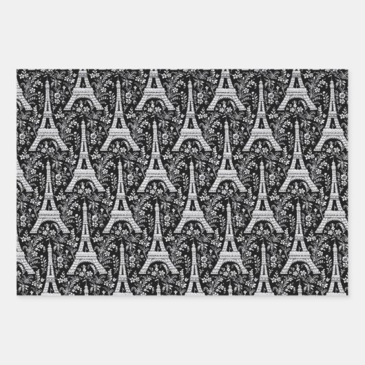 エッフェルの塔と花が赤と黒 ラッピングペーパーシート (正面3)