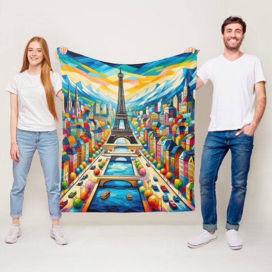 エッフェルタワーとカラフル絵を描建物 フリースブランケット (インサイチュ)