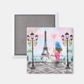 エッフェルタワーとパリのマグネットギフトの女性 マグネット (正面/裏面)