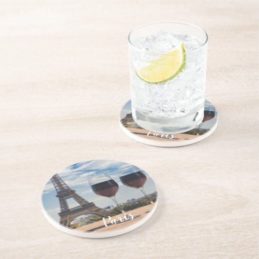 エッフェルタワーとワインの2つのグラス コースター (側面)