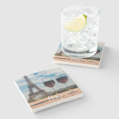 エッフェルタワーとワインの2つのグラス ストーンコースター (横)