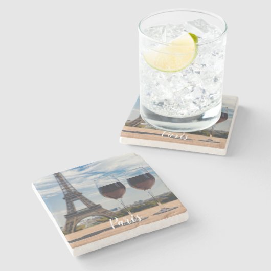 エッフェルタワーとワインの2つのグラス ストーンコースター (横)