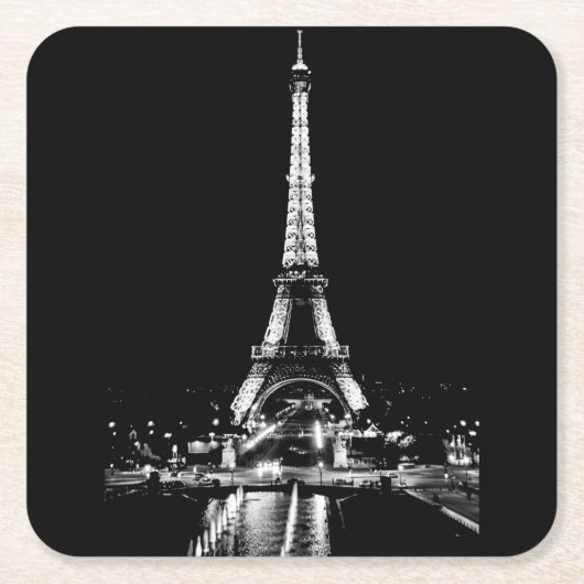 エッフェルタワーの夜の黒白コースター スクエアペーパーコースター (正面)