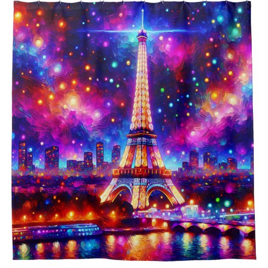 「エッフェルタワーの夜：セーヌ川の反射」 シャワーカーテン (正面)