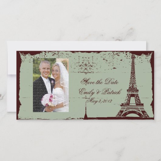 エッフェルタワーウェディング日付の写真カードを保存 セーブザデート (正面)