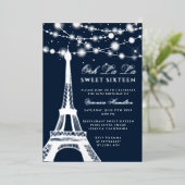 エッフェルタワーシルバーグリッターライトブルースウィート16 箔招待状 (立ち正面)