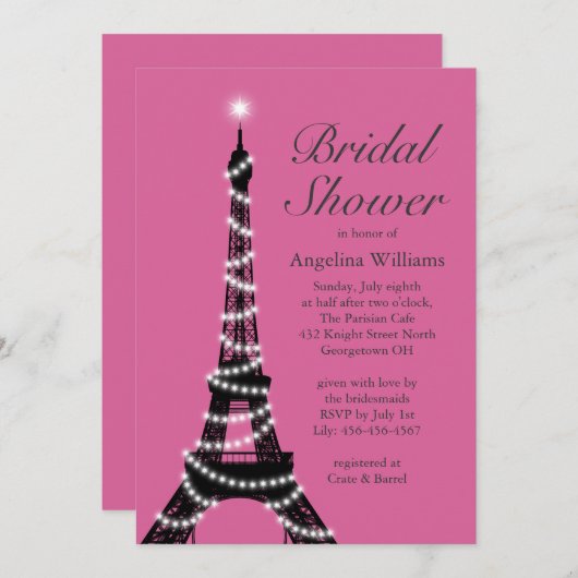 エッフェルタワースパークルズブライダルシャワー招待状明るい赤紫色 招待状 (正面/裏面)