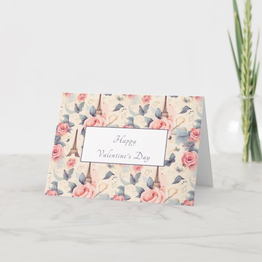エッフェルタワーバタフライとバラバレンタインデー シーズンカード (正面)