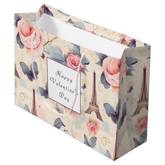 エッフェルタワーバタフライとバラバレンタインデー ラージペーパーバッグ (正面アングル)