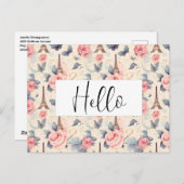 エッフェルタワーバタフライとバラパターンハロー ポストカード (正面/裏面)