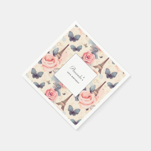 エッフェルタワーバタフライとバラパターン誕生日 スタンダードカクテルナプキン (角)