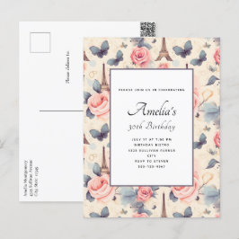 エッフェルタワーバタフライとバラパターン誕生日 ポストカード