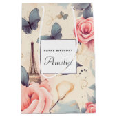エッフェルタワーバタフライとバラパターン誕生日 ミディアムペーパーバッグ (正面)