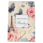 エッフェルタワーバタフライとバラパターン誕生日 ミディアムペーパーバッグ (裏面)