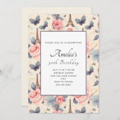 エッフェルタワーバタフライとバラパターン誕生日 招待状 (正面/裏面)