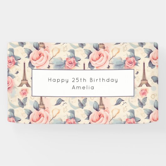 エッフェルタワーバタフライとバラパターン誕生日 横断幕 (横)