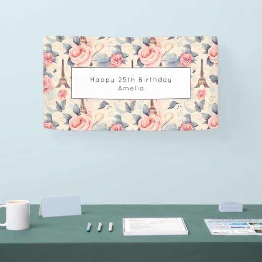 エッフェルタワーバタフライとバラパターン誕生日 横断幕 (トレードショー)