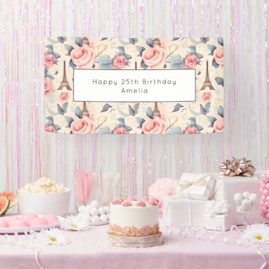 エッフェルタワーバタフライとバラパターン誕生日 横断幕 (パーティー)