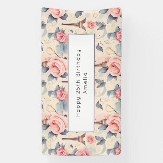 エッフェルタワーバタフライとバラパターン誕生日 横断幕 (縦)