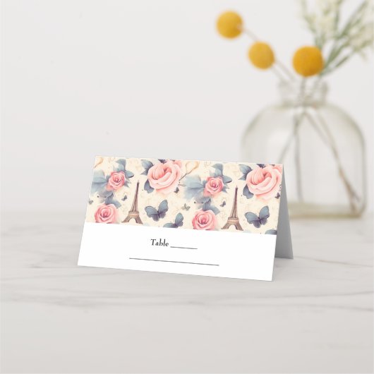 エッフェルタワーバタフライとバラパタ結婚ーン プレイスカード (正面)