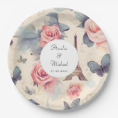 エッフェルタワーバタフライとバラパタ結婚ーン ペーパープレート (正面)