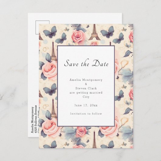 エッフェルタワーバタフライとバラパタ結婚ーン 案内ポストカード (正面/裏面)