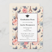 エッフェルタワーバタフライとバラ卒業 招待状 (正面/裏面)