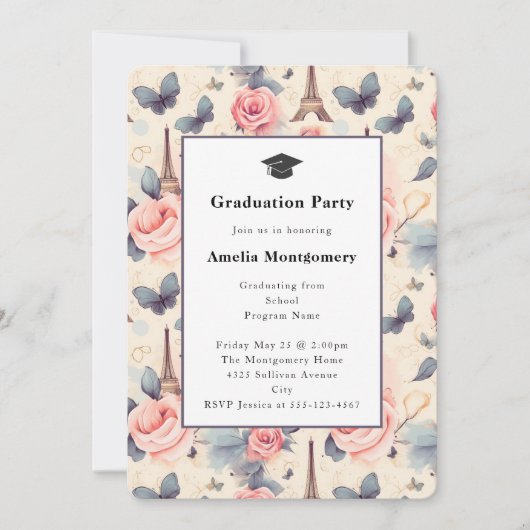 エッフェルタワーバタフライとバラ卒業 招待状 (正面)