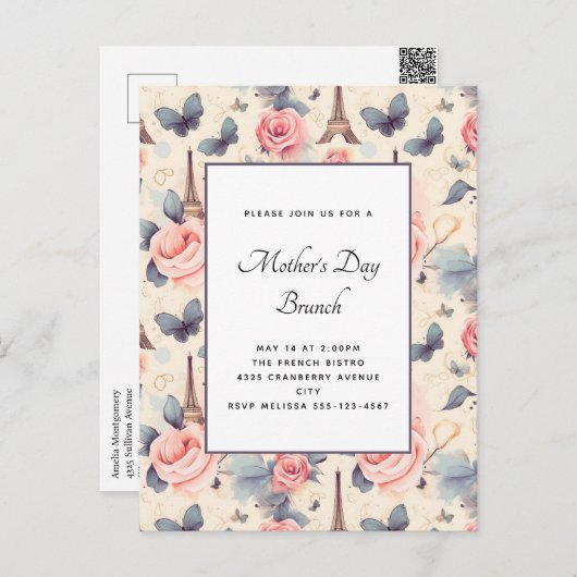 エッフェルタワーバタフライとバラ母の日 ポストカード (正面/裏面)