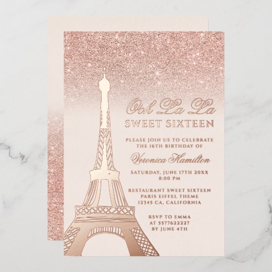 エッフェルタワーバラ金ゴールドグリッターピンクスウィート16 箔招待状 (正面/裏面)