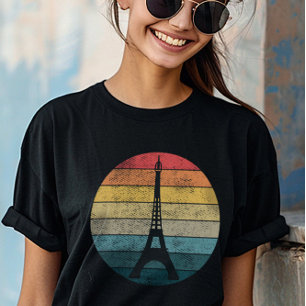 エッフェルタワーパリインレトロサンセットサークルヴィンテージ Tシャツ