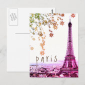エッフェルタワーパリシティピンクパープル素朴ヴィンテージ ポストカード (正面/裏面)