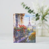 エッフェルタワーパリバルコニーウォーターカラーアートトラベル ポストカード (スタンド正面)