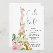 エッフェルタワーパリピンクフラワーズブライダルシャワー 招待状 (正面/裏面)