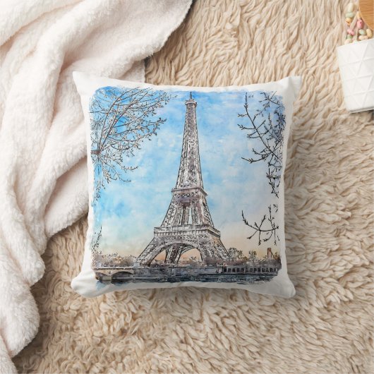 エッフェルタワーパリフランスハンドドローウォーター色 クッション (ブランケット)