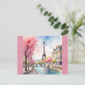 エッフェルタワーパリフランスピンクウォーターカラー ポストカード (スタンド正面)