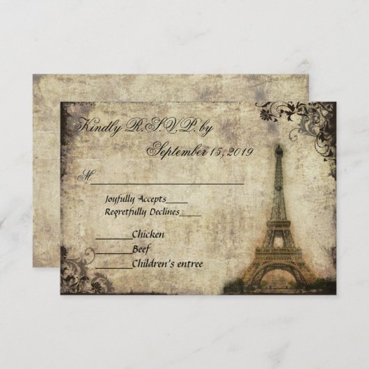 エッフェルタワーパリヴィンテージウェディングRSVP 出欠カード (正面/裏面)