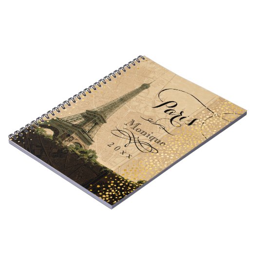エッフェルタワーパリヴィンテージマップ金ゴールドモノグラム写真 ノートブック (左側)