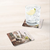 エッフェルタワーピンクさくらんぼフローズパリジャンカフェ スクエアペーパーコースター (インサイチュ)