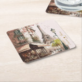 エッフェルタワーピンクさくらんぼフローズパリジャンカフェ スクエアペーパーコースター (アングル)