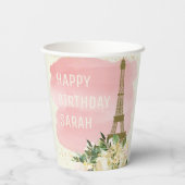 エッフェルタワーピンク金ゴールドグリッターハッピーバースデー 紙コップ (裏面)