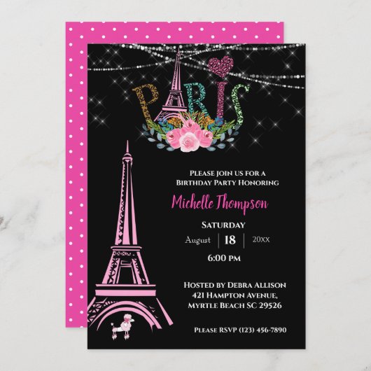 エッフェルタワーフローラパリフランス誕生日 招待状 (正面/裏面)