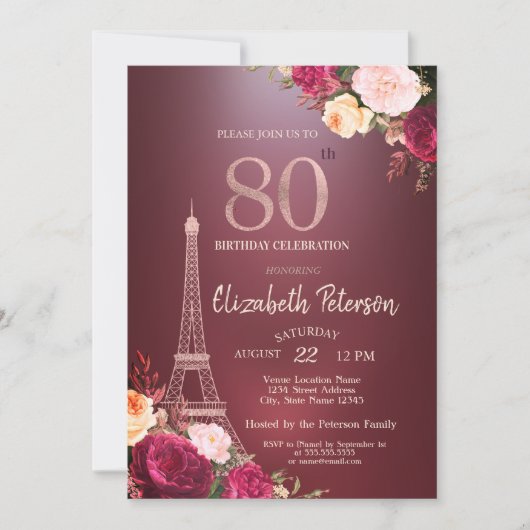 エッフェルタワーブルゴーニュ花バラ80誕生日 招待状 (正面)
