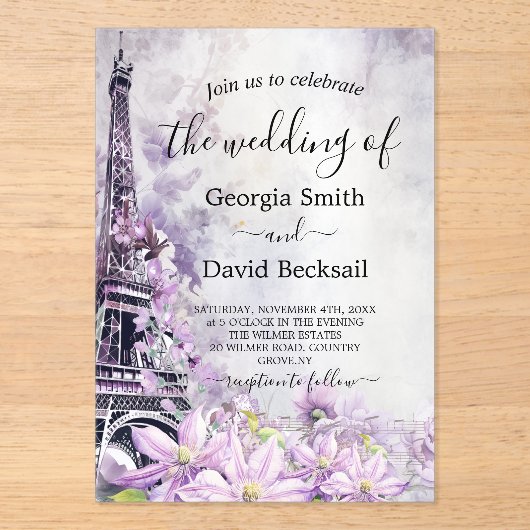 エッフェルタワーラベンダーロマ結婚ンス アクリル招待状 (正面)