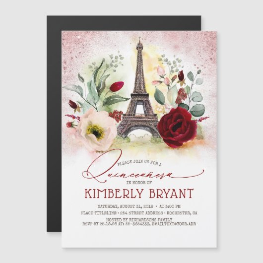 エッフェルタワーヴィンテージパリピンク金ゴールドキンセアニラ マグネット招待状 (正面/裏面)