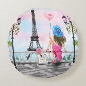 エッフェルタワー付きパリ円枕の女性 ラウンドクッション (正面)