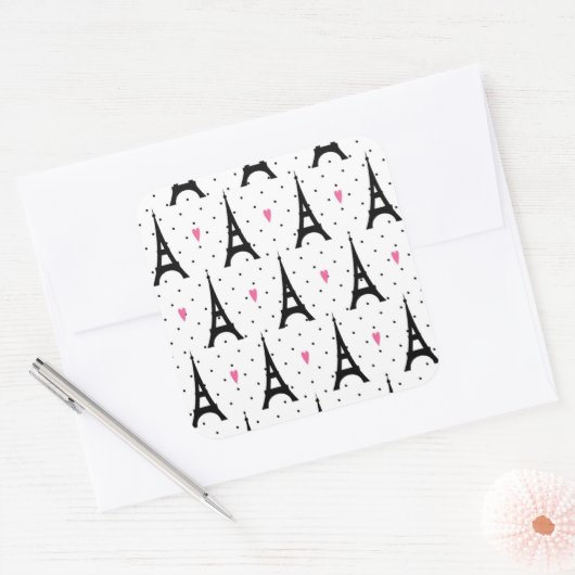 エッフェルタワー水玉模様&ハートパターン スクエアシール (封筒)